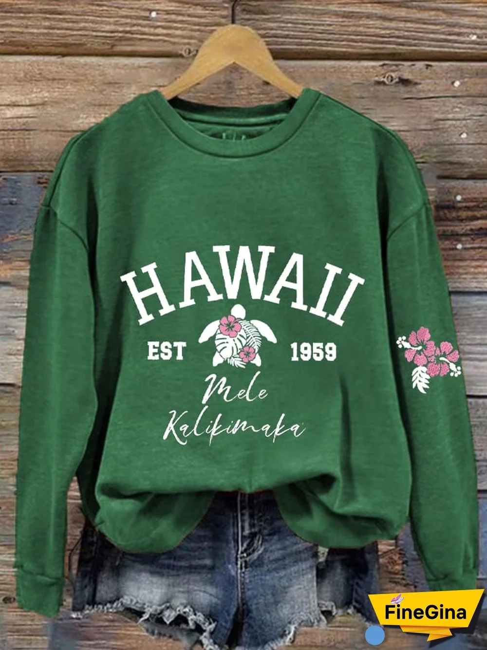 Women's Christmas Hawaiian Mele Kalikimaka Hibiscus Flower Sea Turtle Print Sweatshirt