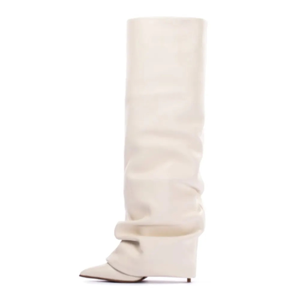Tall Ivory Pointed Toe Slouch Stiletto High Heel Fold Over Boots Nicepairs