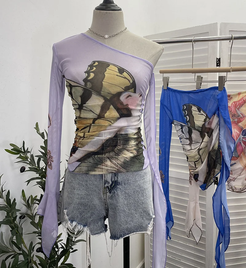 Uveng Design-Sensitive One-Shoulder Horn Long-Sleeved Mesh Yarn-Print T-Shirt With Short Tight Top 9915