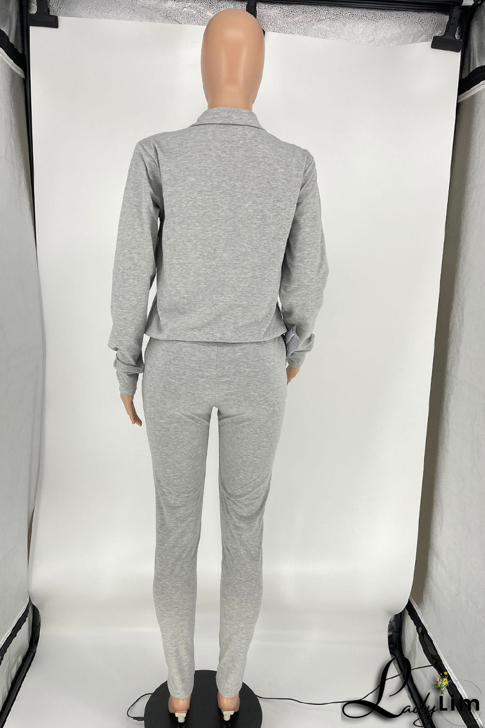 Grey Casual Print Letter Mandarin Collar Long Sleeve Two Pieces