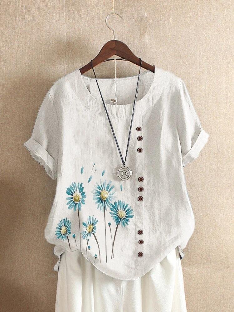Flower Printing Button Loose Casual T-shirts