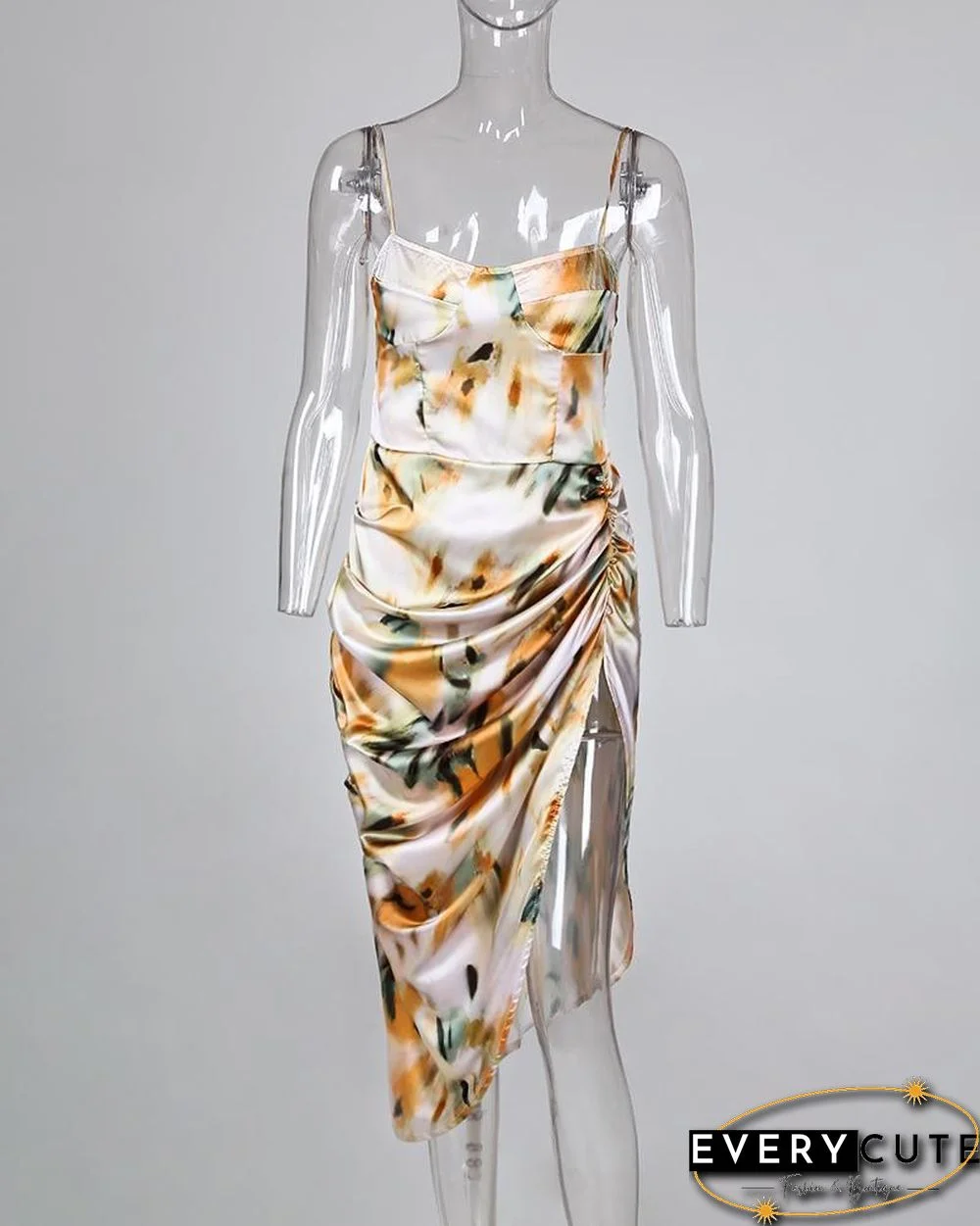 Abstract Print Spaghetti Strap High Slit Ruched Dress P10026