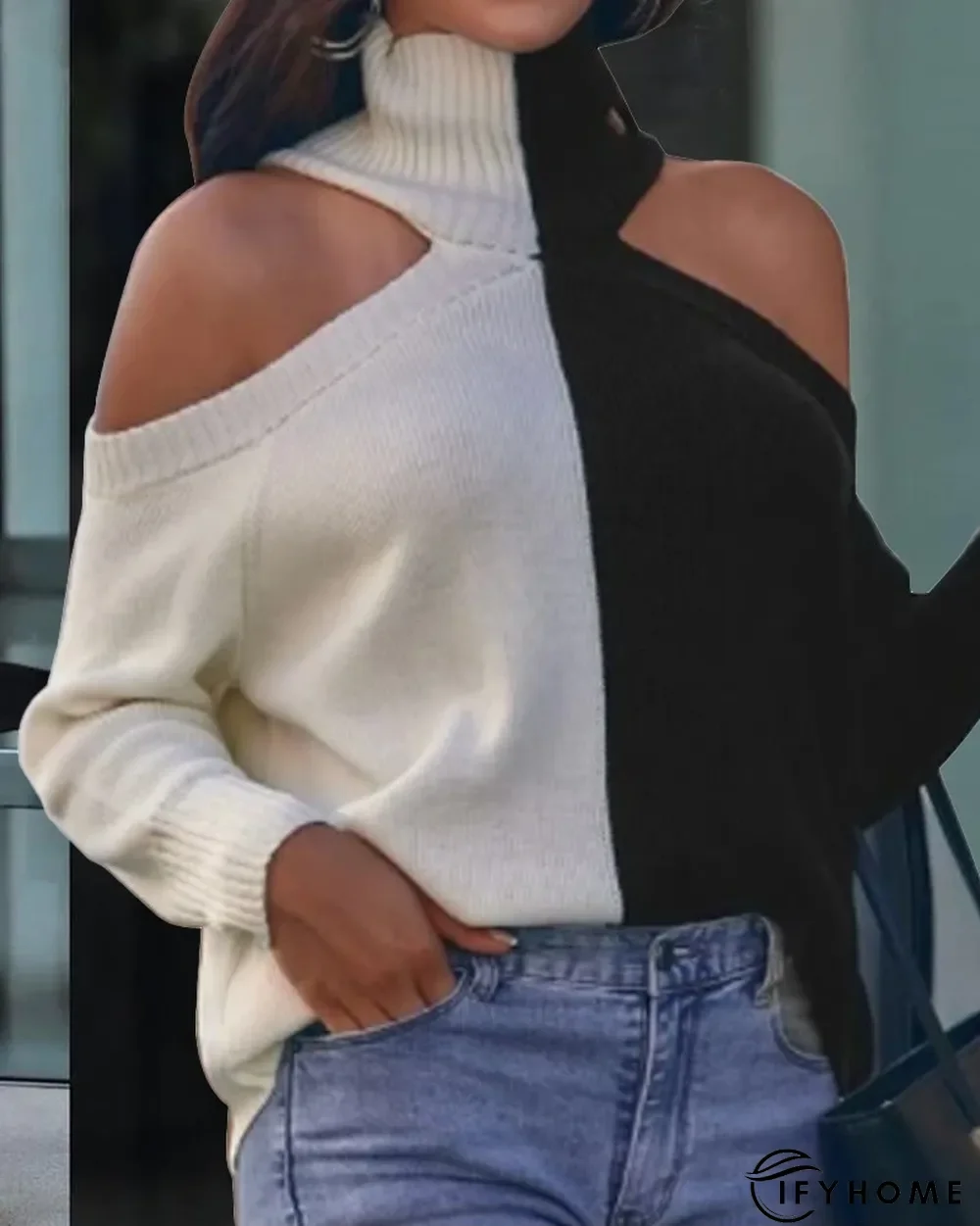 Color Block Cold Shoulder Turtleneck Sweater | IFYHOME