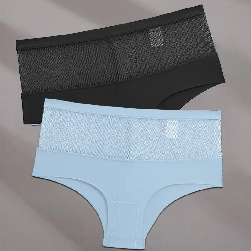 FINETOO 2PCS/Set Seamless Mesh Women Pantys Girls Thongs High Waisted Woman Brief Fashion M-XL Sexy Underpants Lingerie Panties