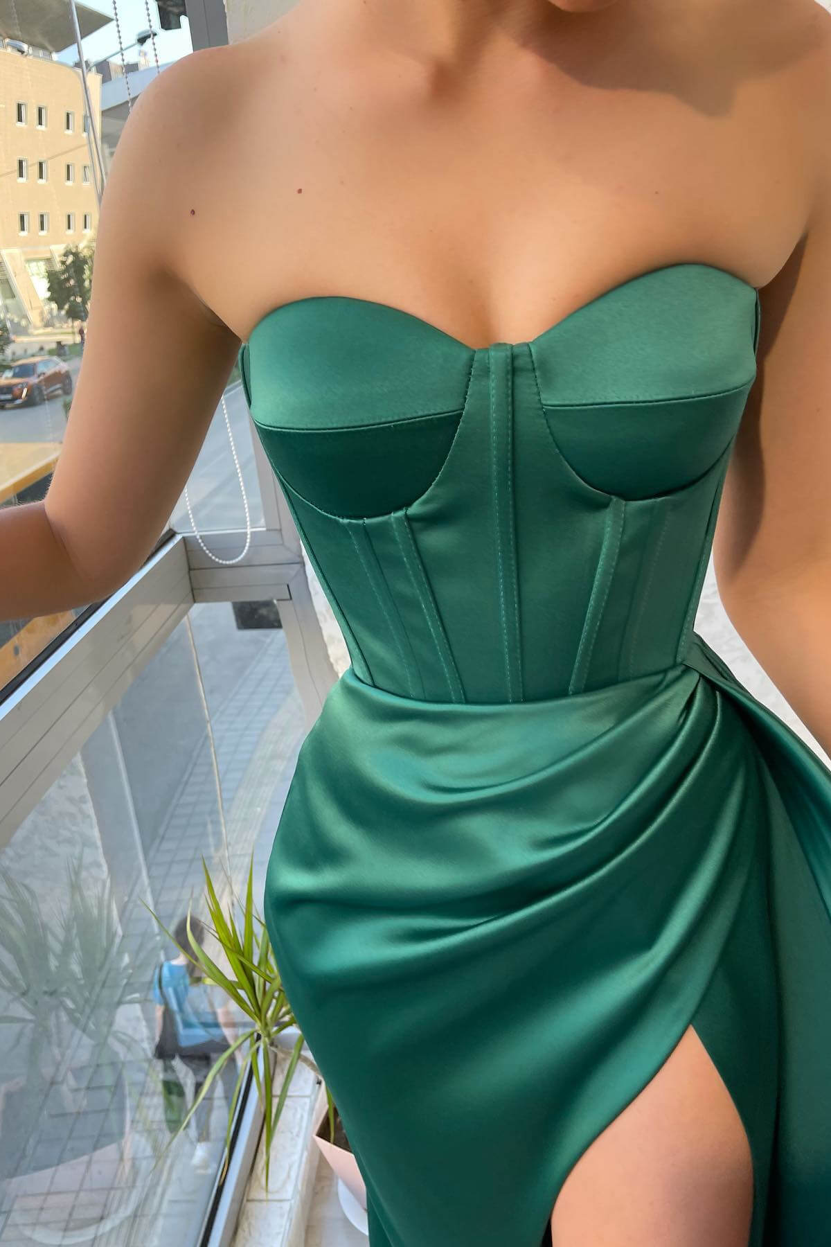 Emerald Green Strapless Sweetheart  Mermaid Prom Dress Split with Rhinestones