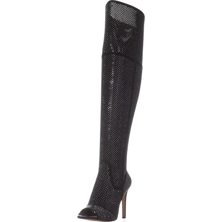 Black Stiletto Boots Peep Toe Knee High Boots |FSJ Shoes
