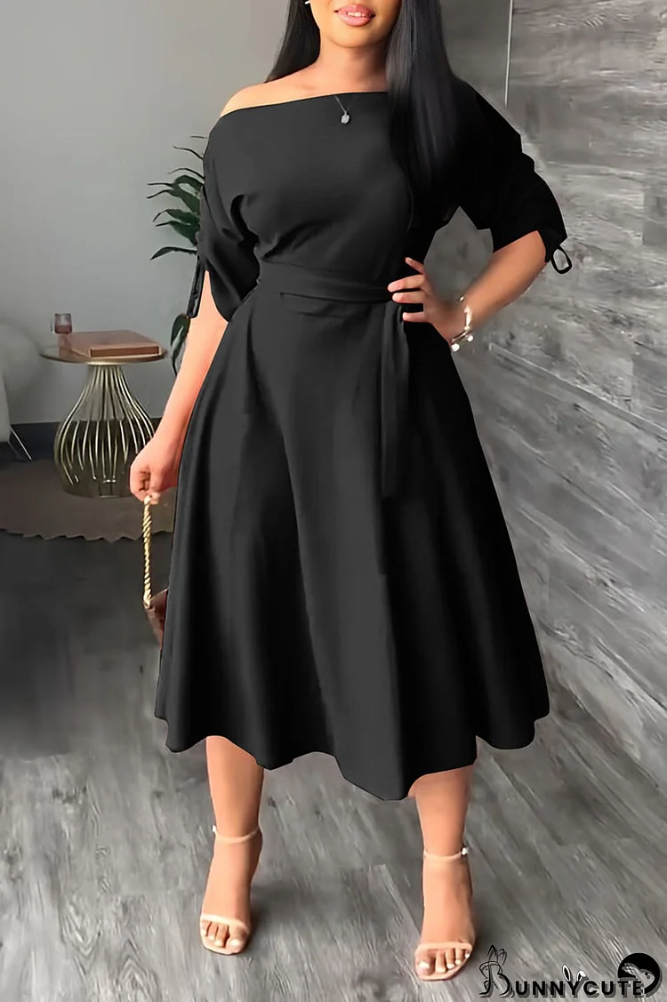 Black Casual Elegant Solid Patchwork Draw String Fold Oblique Collar Dresses