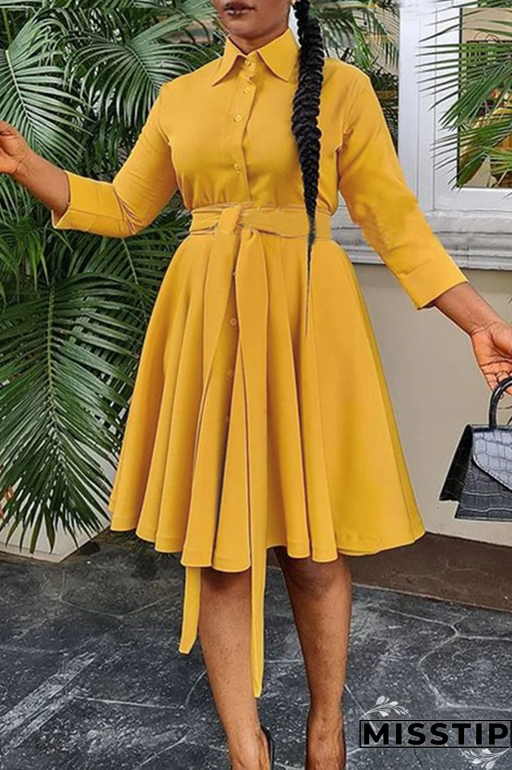 Yellow Fashion Casual Solid Basic Turndown Collar Long Sleeve Dresses