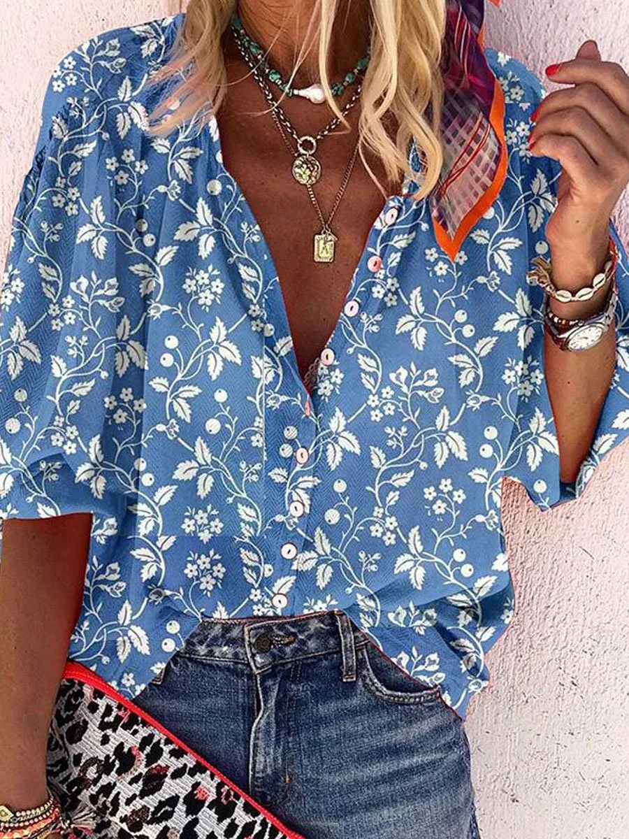 Printed Long Sleeve stand collar button shirt