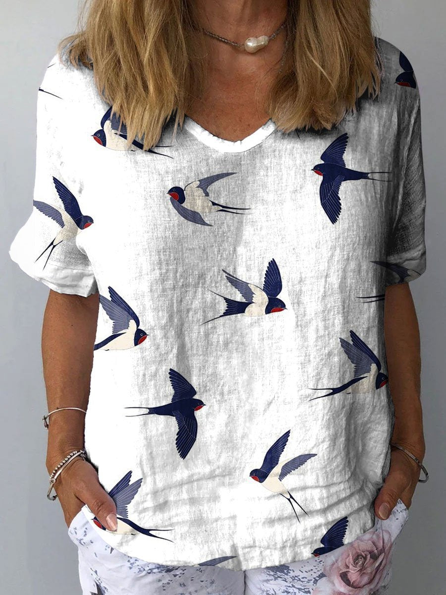 Women's Birds Print Casual Cotton And Linen Shirt
