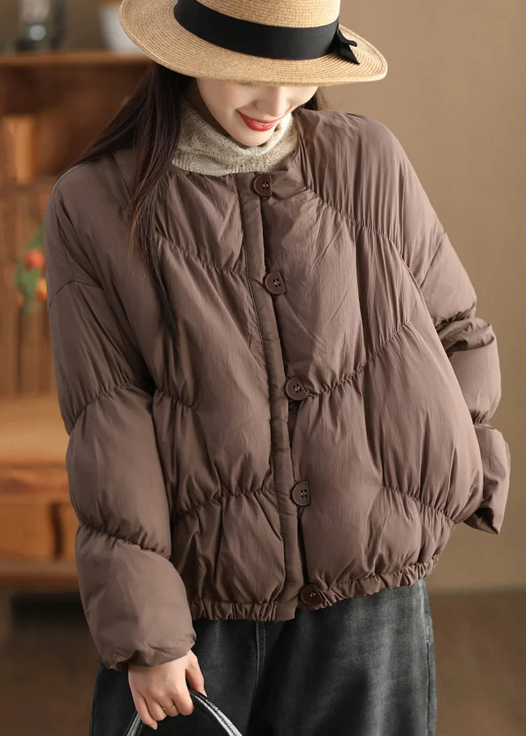 Loose Coffee O Neck Button Warm Duck Down Jacket Winter