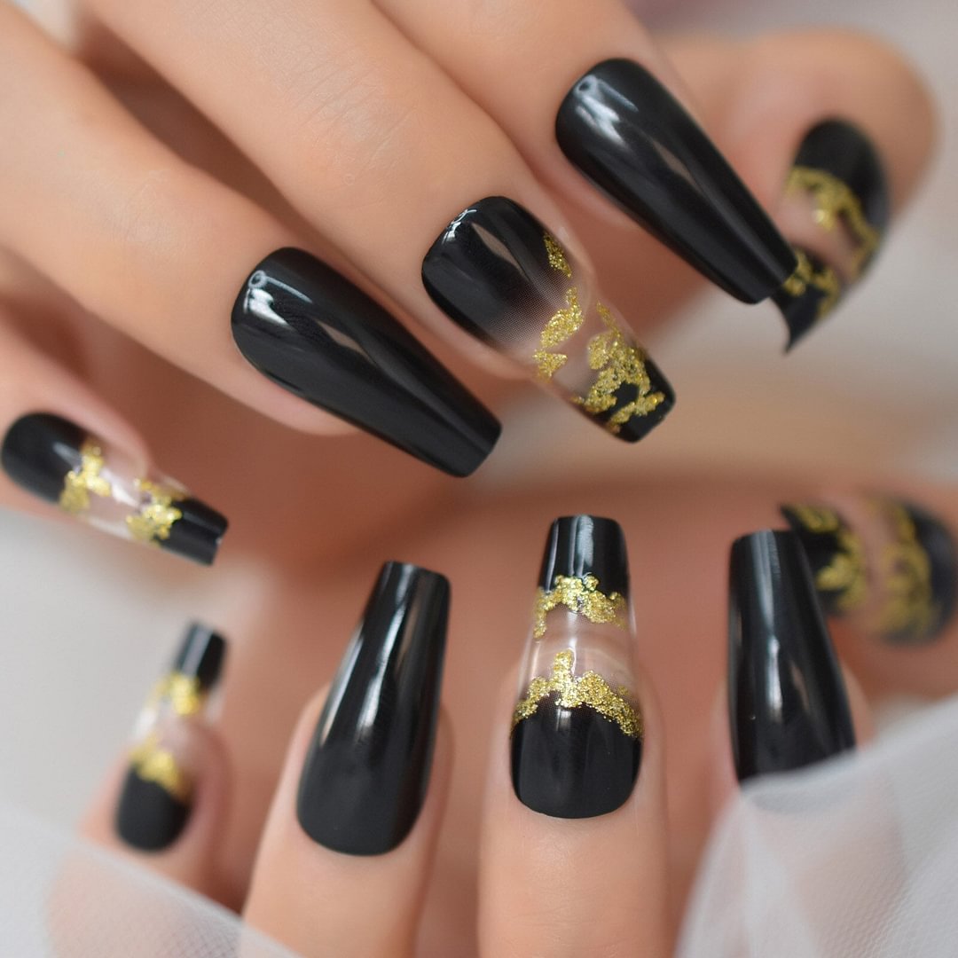 48 PCS 2*24pcs Mixed Set Extra Long Nail Art Fake Nails Tips Full Cover Fashion Nail Foil Coffin Charming Black Golden Glitter
