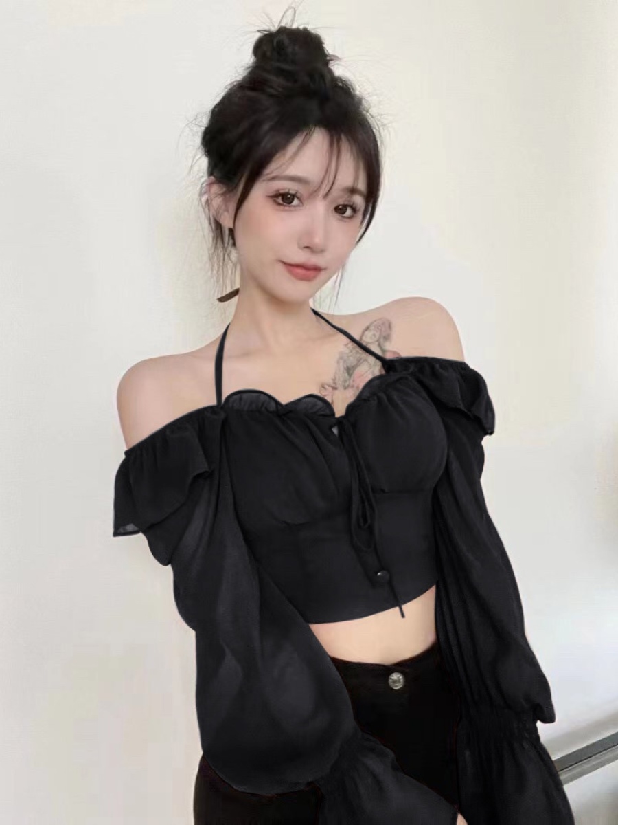 Chic oulder Bared irt Women's ort Sle Korean Version Long Sve Pure Color Commute Friendly Design Unique Sensation