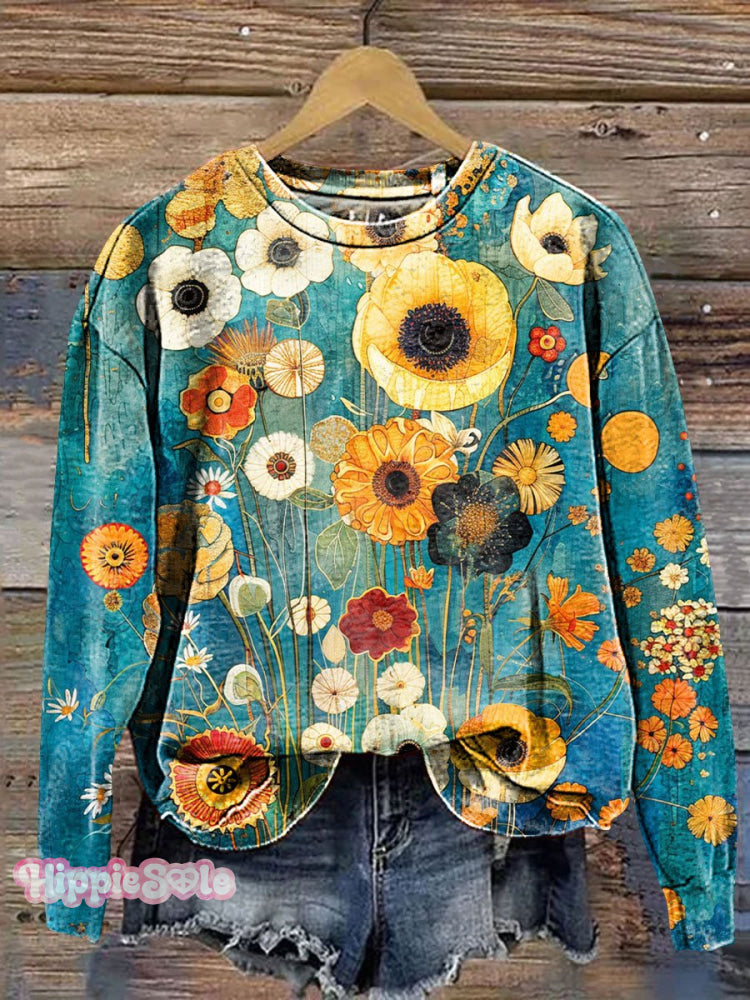 Vintage Floral Art Print Casual Sweatshirt Multicolor / S