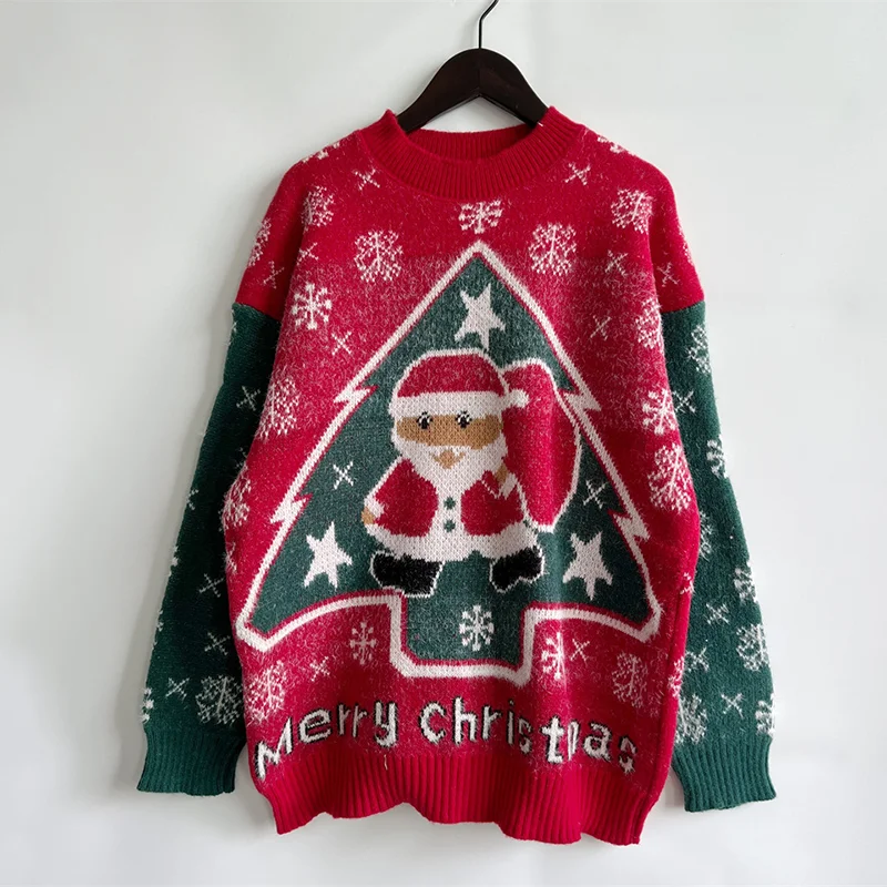 Santa Claus Contrast Panel Round Neck Knit Pullover Sweater