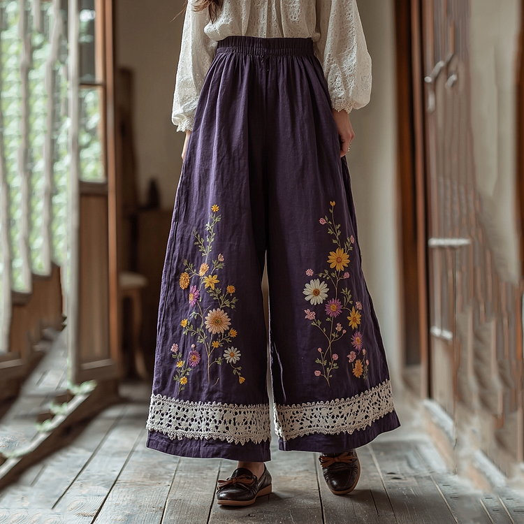 Utbros Vintage Bohemian Floral Embroidery Lace Art Cotton Linen Wide Leg Pants