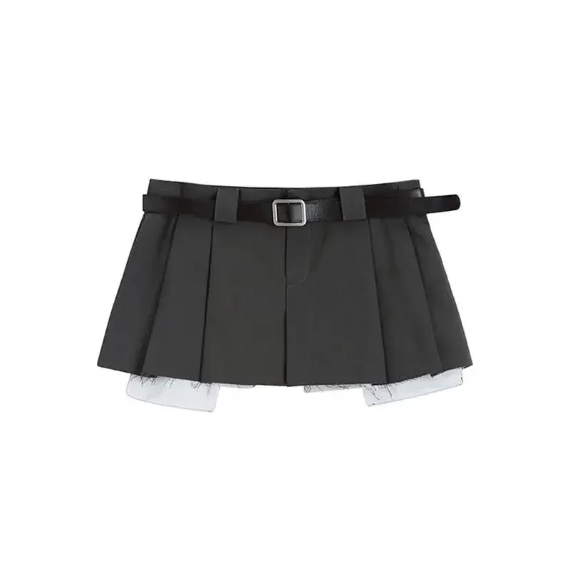 Huibahe Vintage Pleated Skirt with Belt Women Y2k Streetwear Low Waist Irregular Fake Two Piece Sexy Cargo Micro Skirt Summer