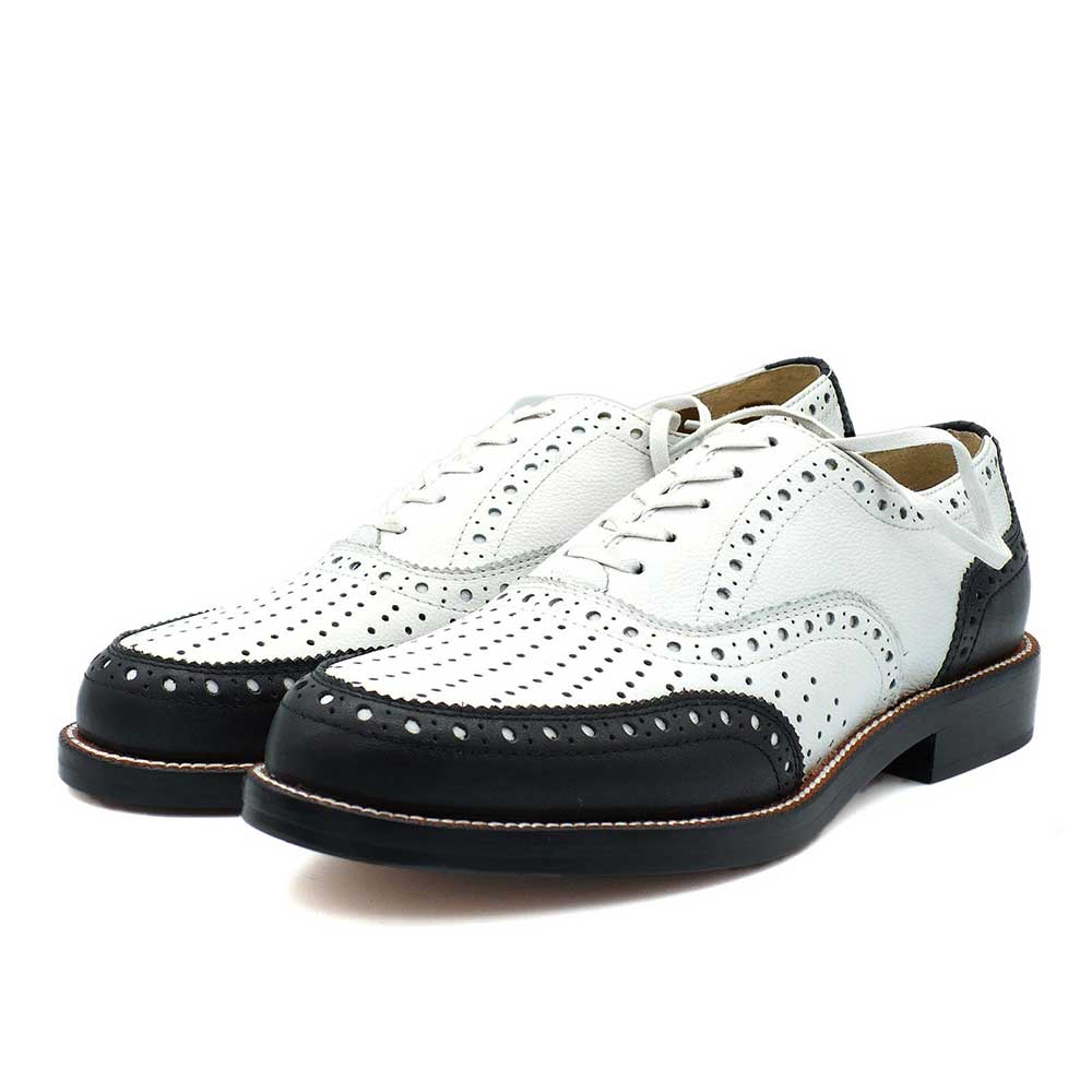 White & Black Round Toe Block Heel Cut-Out Formal Oxford Shoes Nicepairs