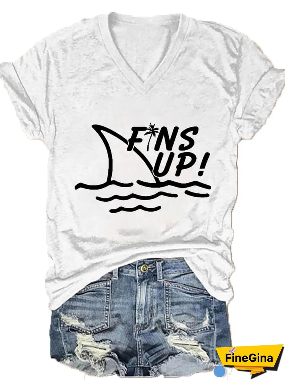 Women's Rip Jimmy Fins Up! Print V-Neck T-Shirt
