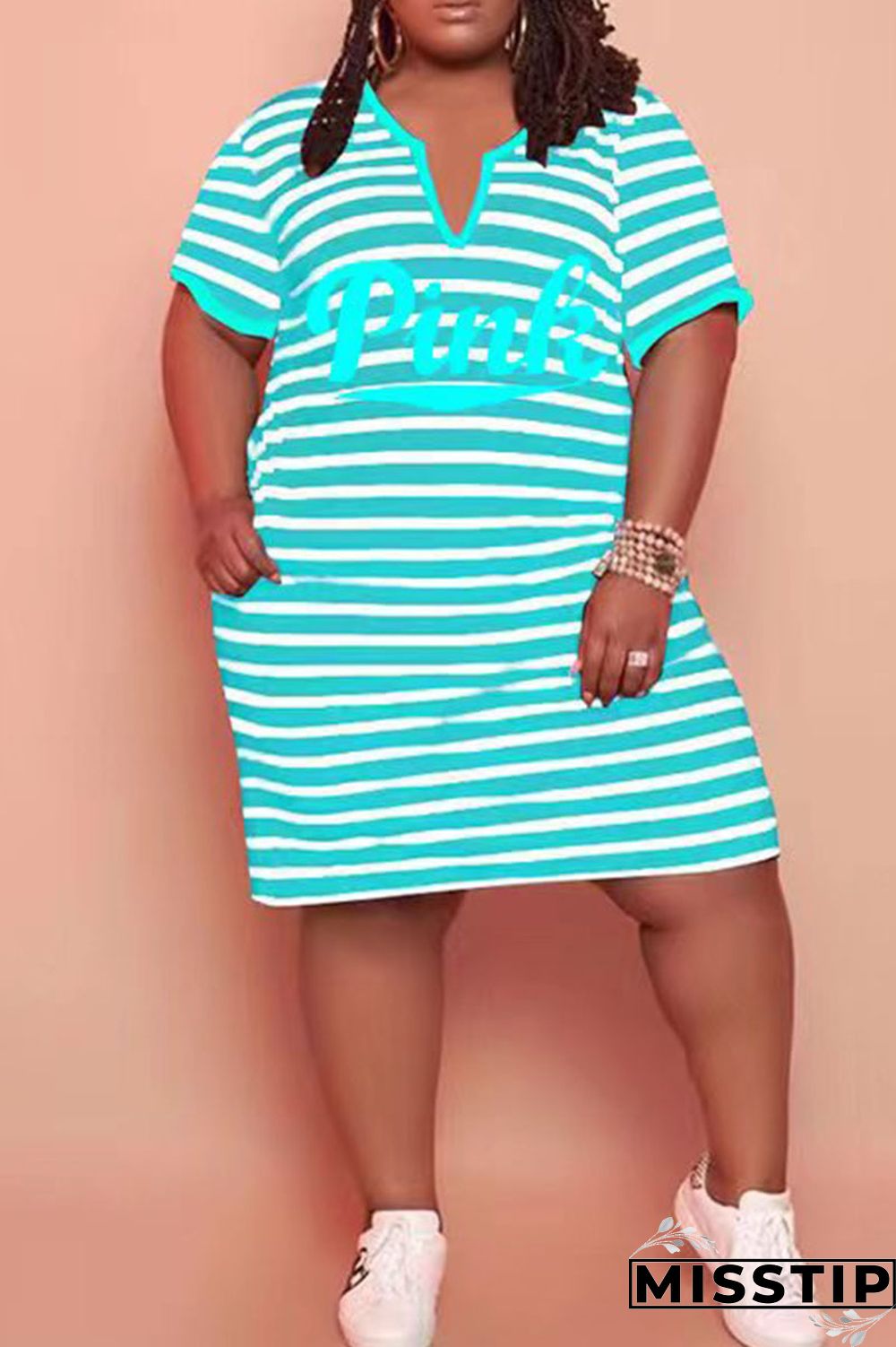 Cyanine Casual Striped Print Patchwork V Neck Straight Plus Size Dresses