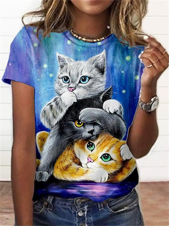 3D Clothing Three-dimensional Cat Cartoon Women's T-shirt Printed Short-sleeved