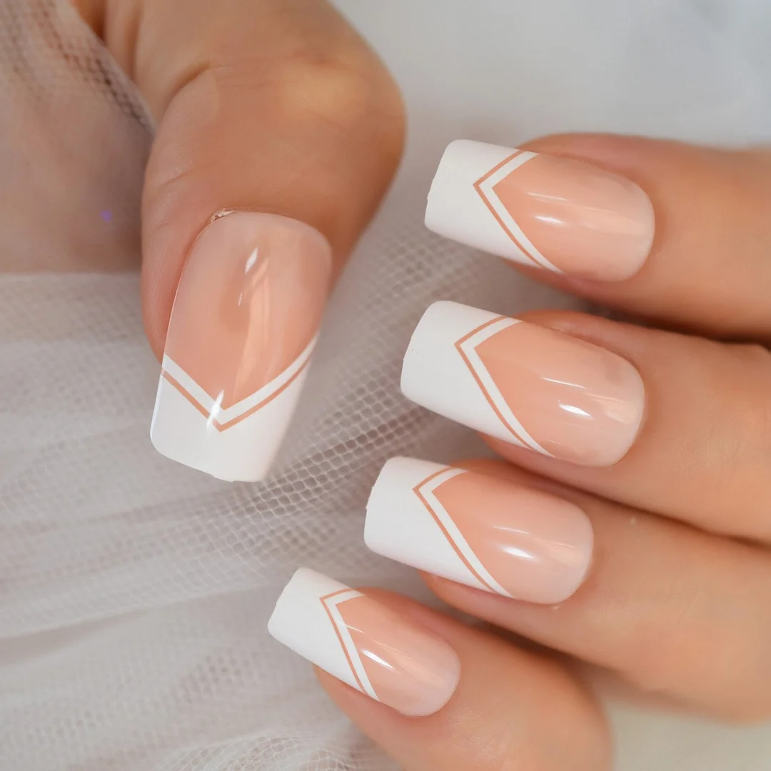 Extra Long Ballerina Faux Ongles White Hypotenuse Line Decorative French Nail Art Tips Nude Pink Base Manicure Tip 24-Nail Inspo