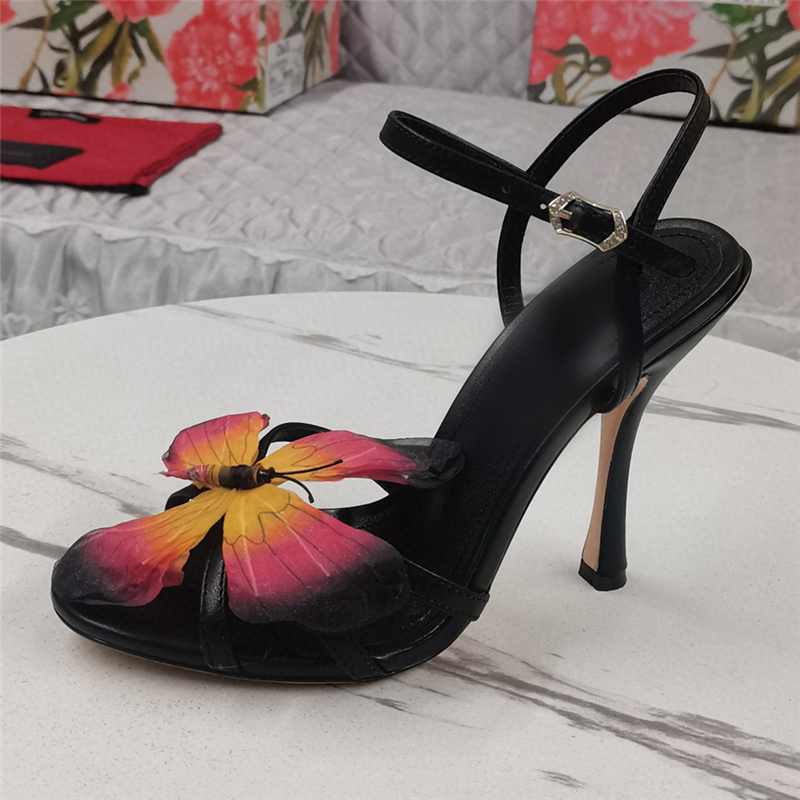 Vivid Butterfly-Flower Embellishment Sandals Women 10cm Stiletto Heel Concise Narrow Band Ankle Strap Shoes