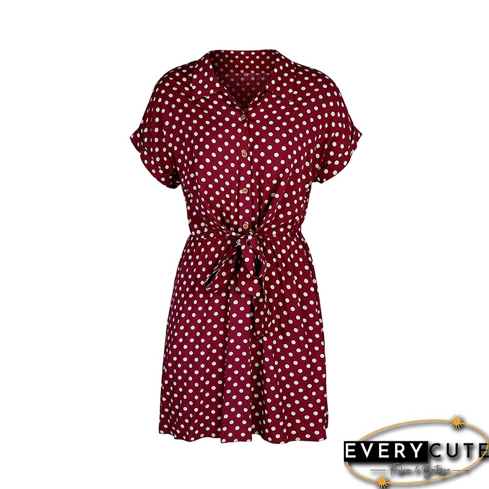 Wine Red Polka Dot Button Tie Waist Shirt Dress