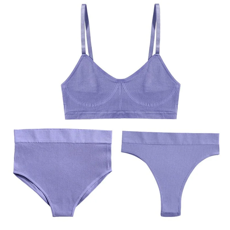FINETOO 1 Top+3 Panties Set Women Seamless Bra G-String Thongs Soft Tops High Waist Shaper Underwear Female Lingerie Active Bra