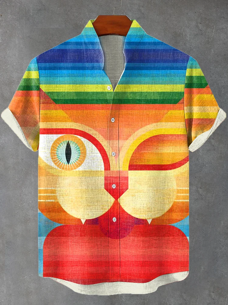 Men's Fun Rainbow Geometric Cat Color Block Art Print Linen Blend Shirt