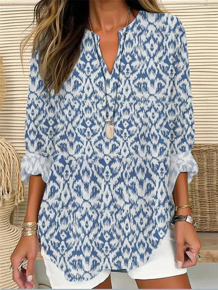 Big Size Women's Summer Small V-neck Long Sleeve Crushed Flower Simple Casual Long Sleeve T-shirt