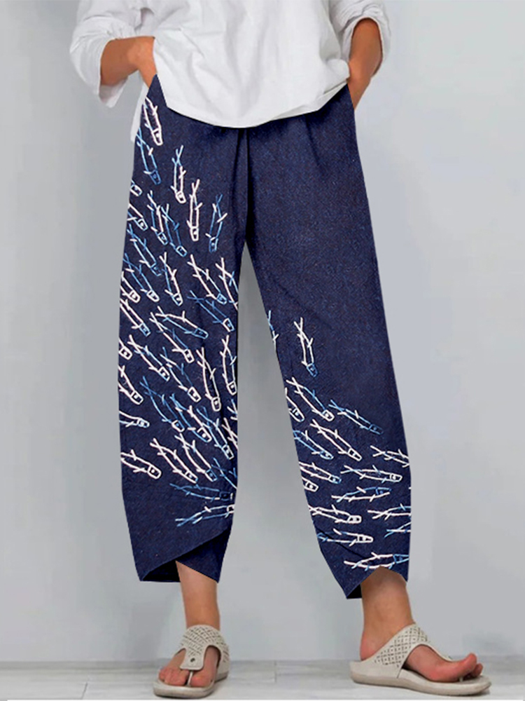 Comstylish Japanese Fish Sashiko Art Linen Cropped Pants