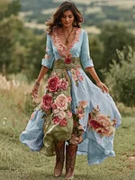 Women's Vintage Floral Art V Neck Linen Blend Maxi Dress - Image 5