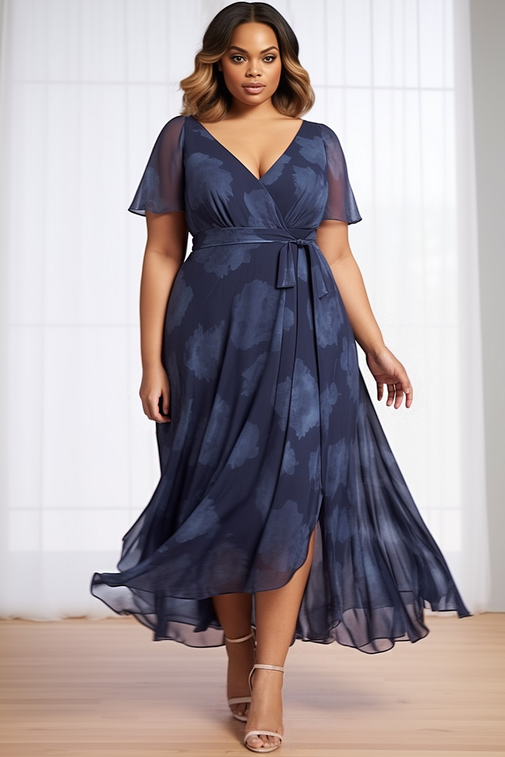 Flycurvy Plus Size Mother Of The Bride Navy Blue Chiffon Floral Print Wrap Maxi Dress 2024 - Flycurvy 