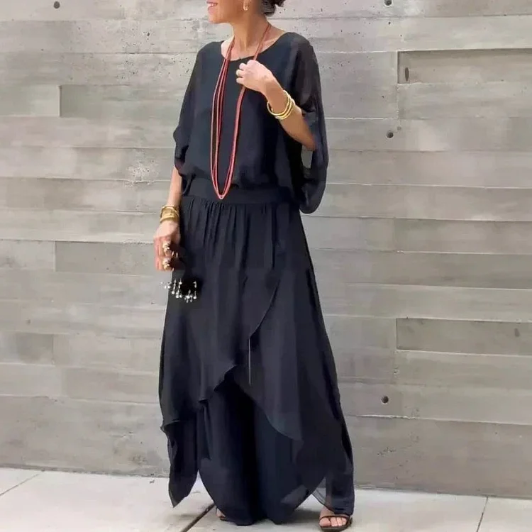 🌹Loose Top & Slit Wide-Leg Pants Chiffon 2-Piece Set 