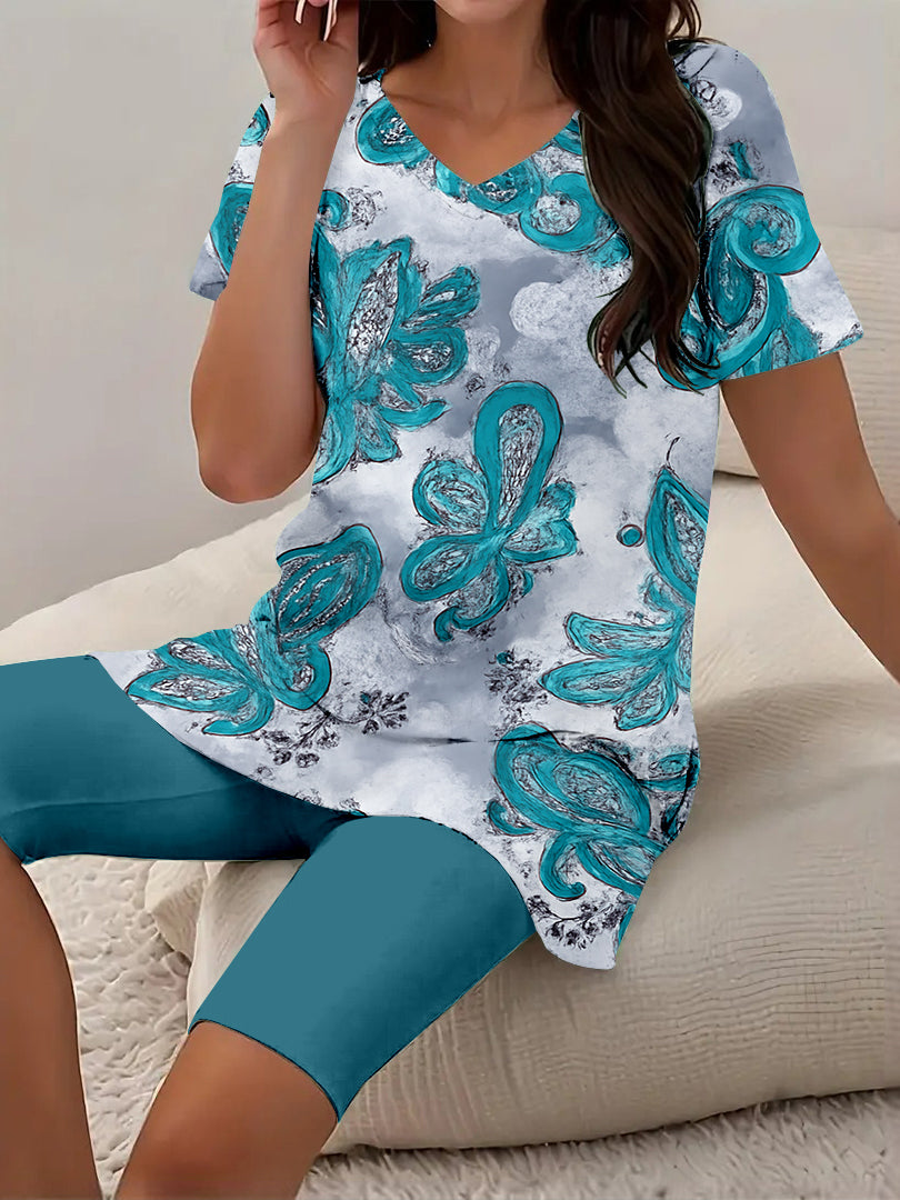 Women Long Sleeve V-neck Graphic Floral Printed Top
