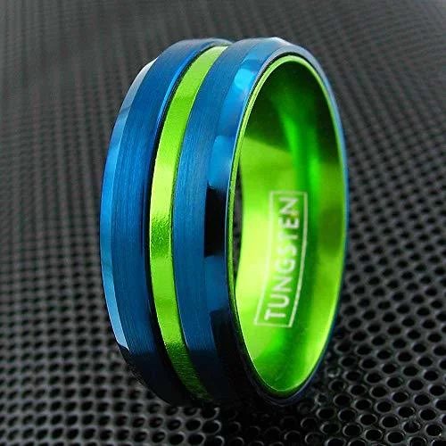 6MM 8MM Women's Or Men's Tungsten Carbide Wedding Matching Rings Blue with Green Groove Matte Finish Beveled Edge