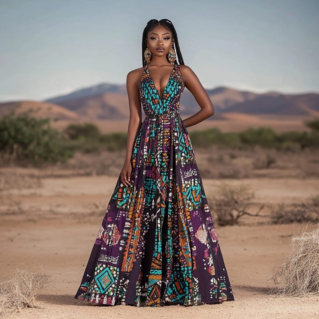 Vintage African Tribal Floral Deep V Women's Dress