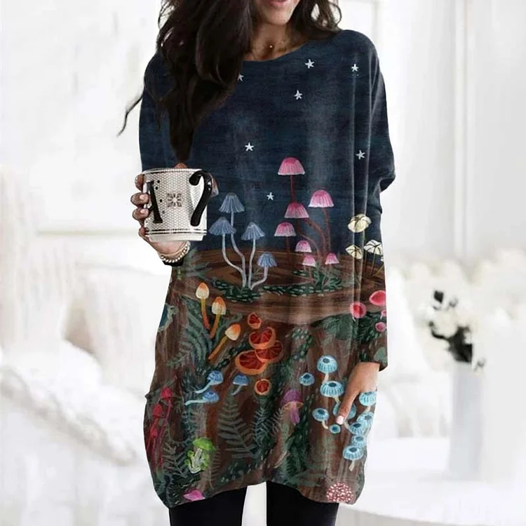 🔥kukelife🔥Vintage Forest Mushrooms Long Sleeve Casual Tunic