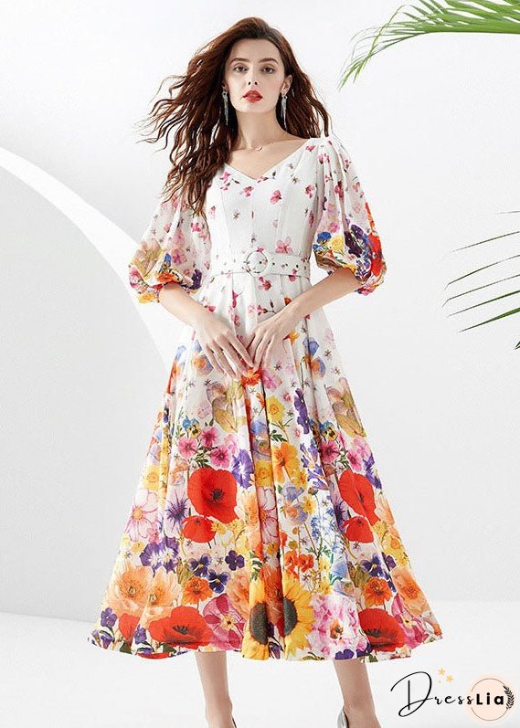 French White V Neck Print Sashes Patchwork Chiffon Dresses Lantern Sleeve