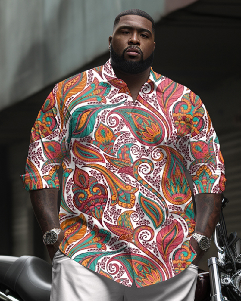 Men's Plus Size Vintage Cashew Flower Long Sleeve Lapel Shirt 2 Piece Set