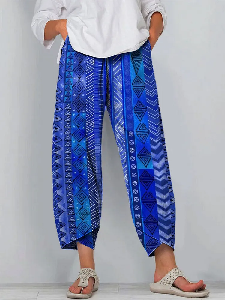 Women's Vintage Colorblock Geometric Art Print Cotton And Linen Casual Pants