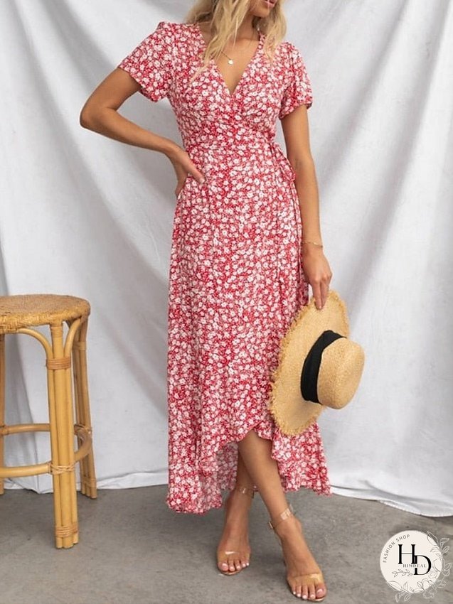 Casual Dress Wrap Dress Floral Dress Ditsy Floral Lace up Split V Neck Midi Dress Active Fashion Daily Holiday Short Sleeve Regular Fit Red Blue Summer Spring S M L XL for Women