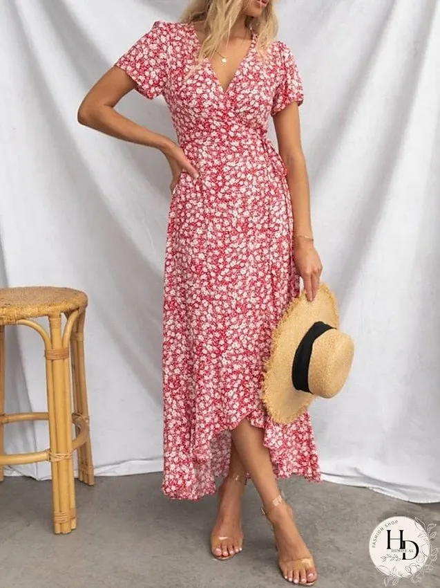 Casual Dress Wrap Dress Floral Dress Ditsy Floral Lace up Split V Neck Midi Dress Active Fashion Daily Holiday Short Sleeve Regular Fit Red Blue Summer Spring S M L XL for Women