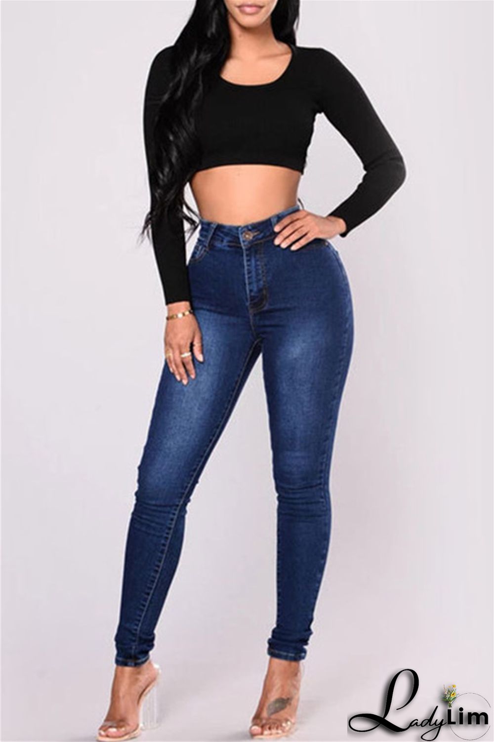 Black Fashion Casual Solid Basic High Waist Skinny Denim Jeans