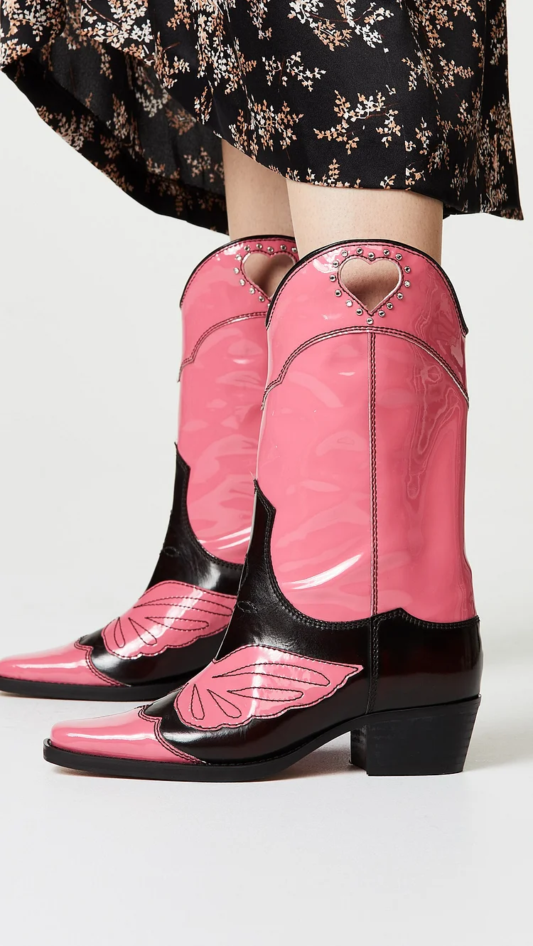 Pink Heart Western Boots Chunky Heel Mid Calf Boots with Rhinestone |FSJ Shoes
