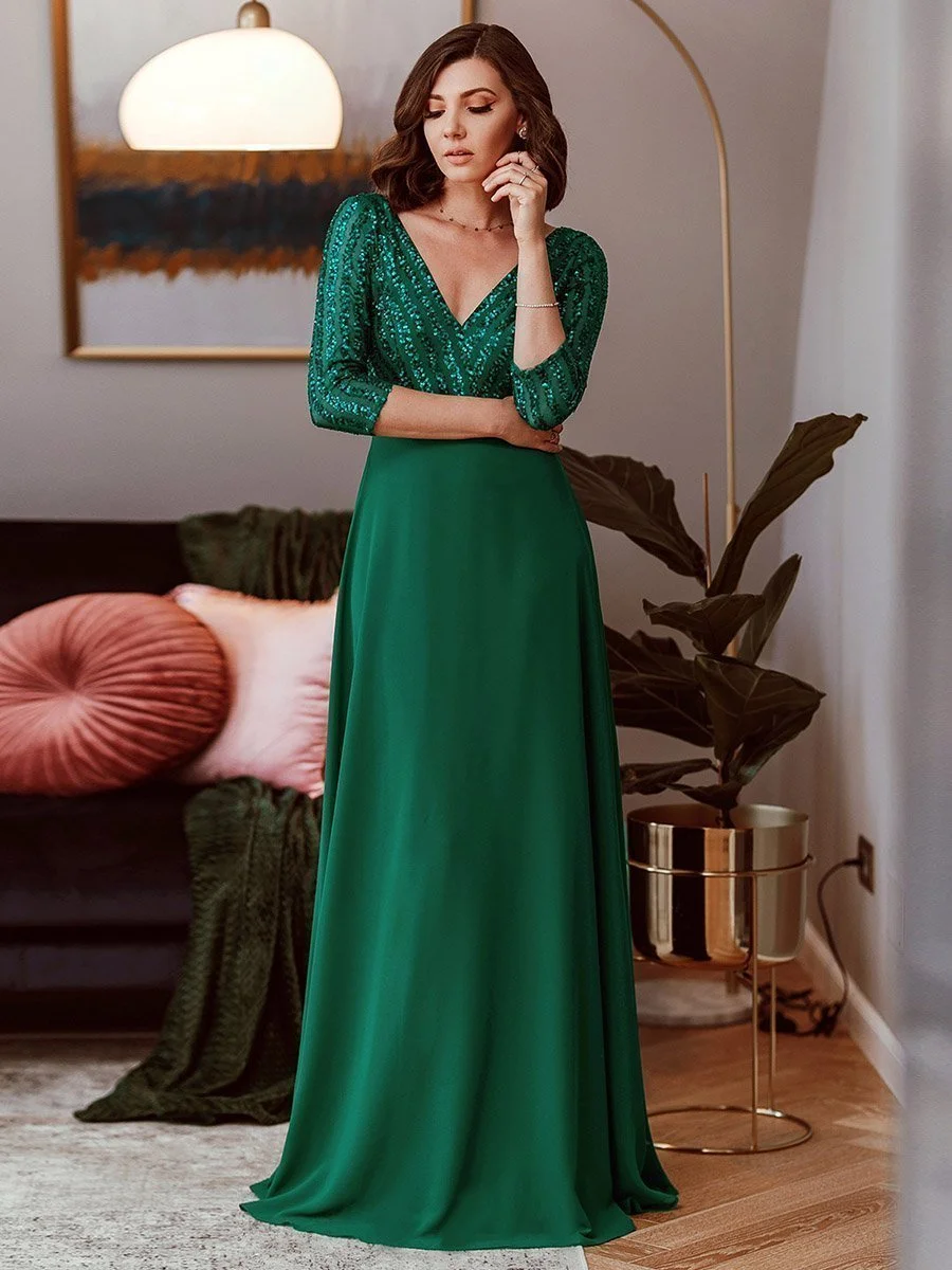 Sexy V Neck A-Line Sequin Wholesale Evening Dresses With 3/4 Sleeve