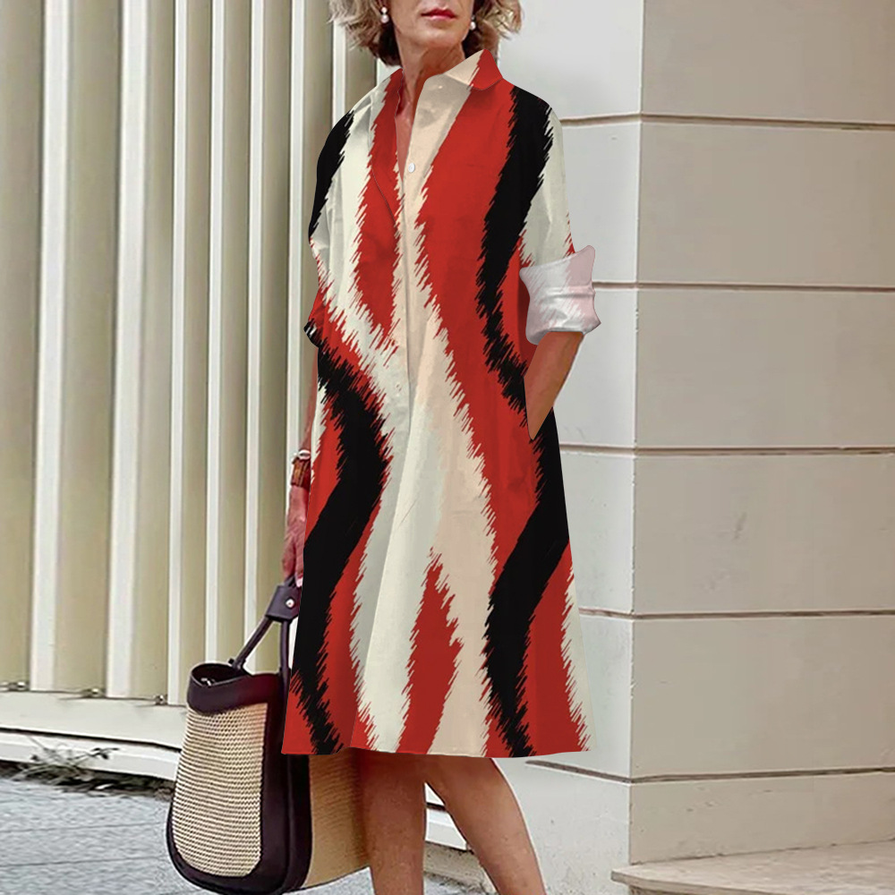 Older Women Stripe 3D Digital Printing Animal Grain Loose Shirt Dress