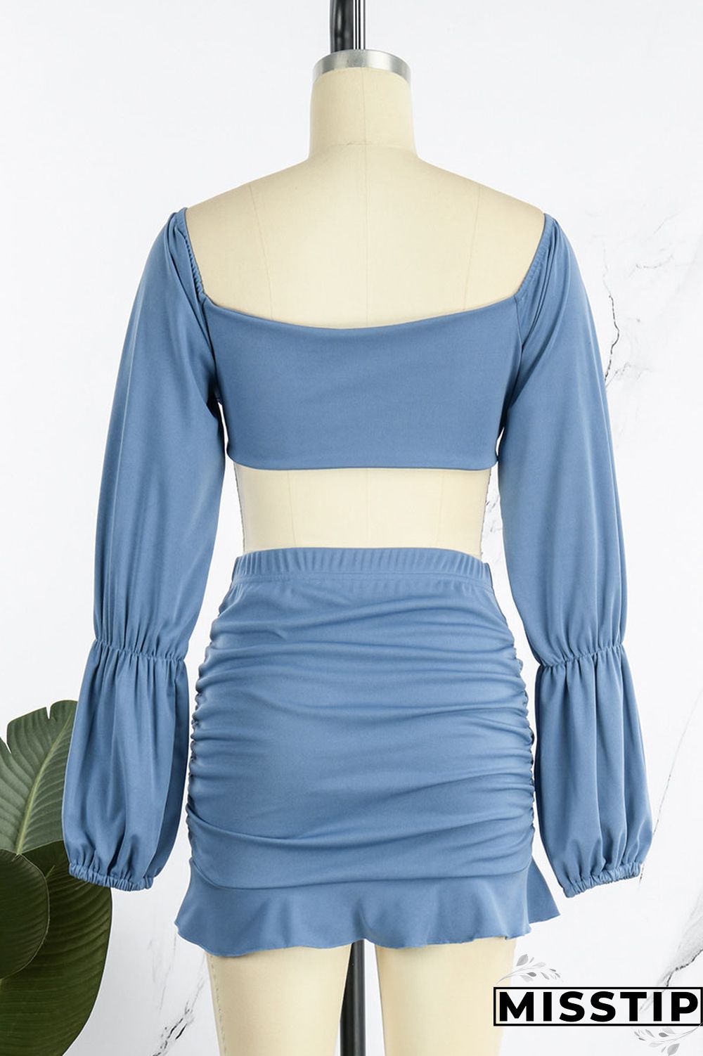 Blue Sexy Solid Drawstring Frenulum Stringy Selvedge Neck Long Sleeve Two Pieces
