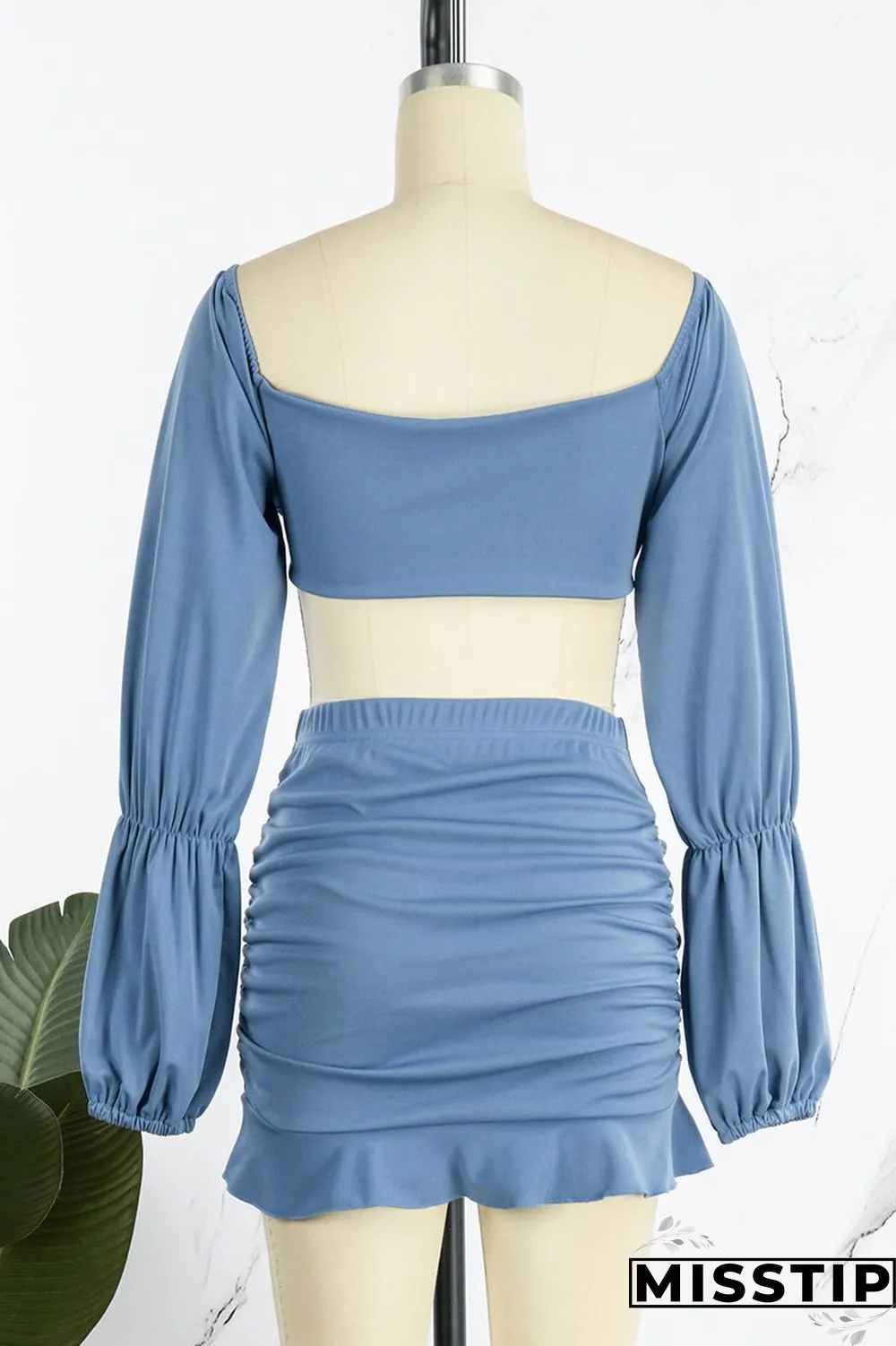 Blue Sexy Solid Drawstring Frenulum Stringy Selvedge Neck Long Sleeve Two Pieces